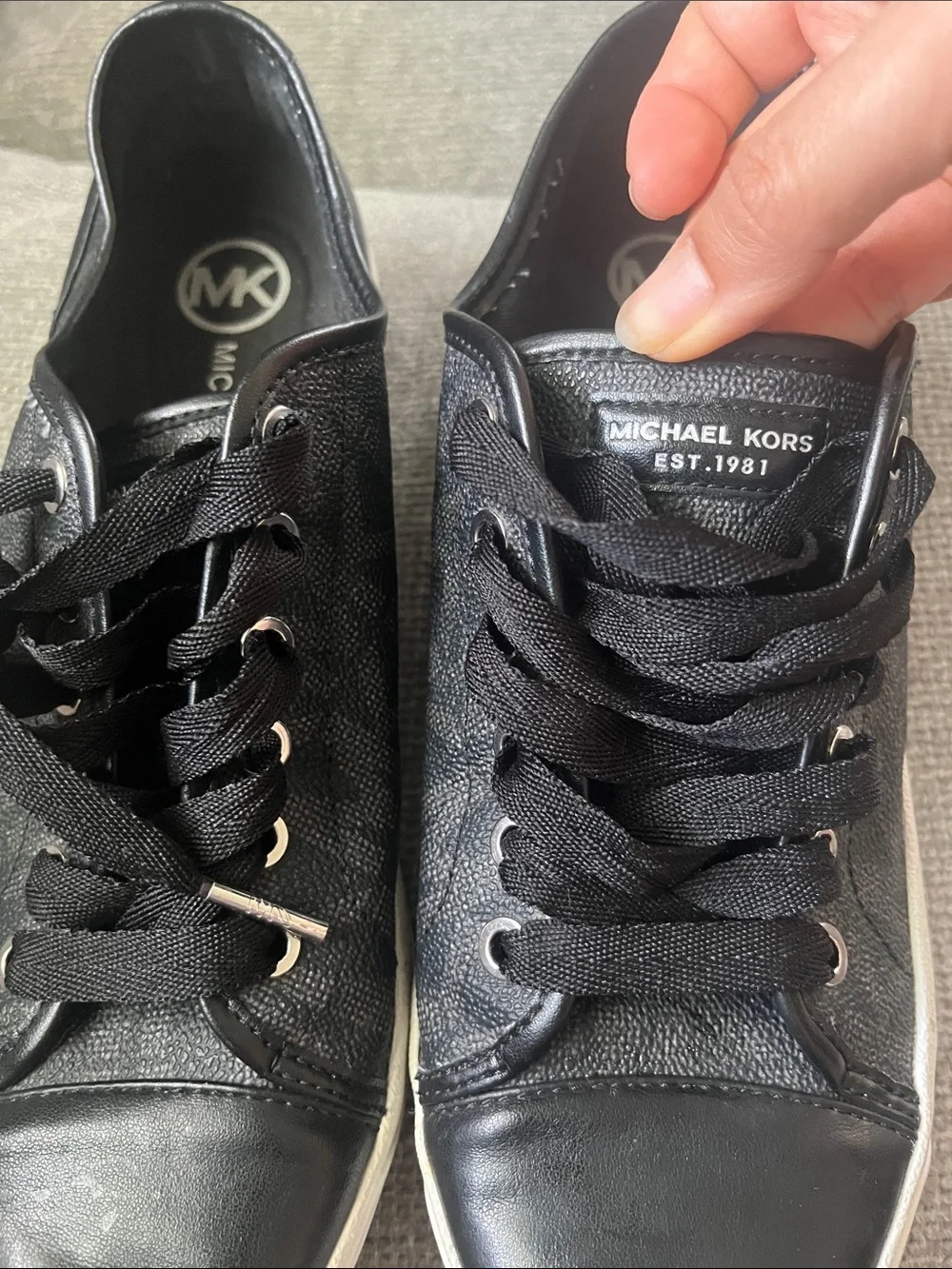 Michael Kors Black Leather Lace-Up Sneakers with White Trim